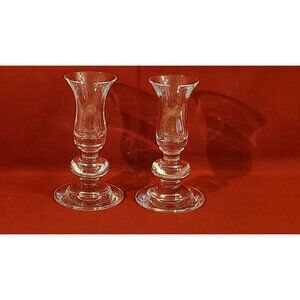 Vintage Pair of Clear Glass Candlesticks Hourglass Shape w/ Flared Trumpet Tops
